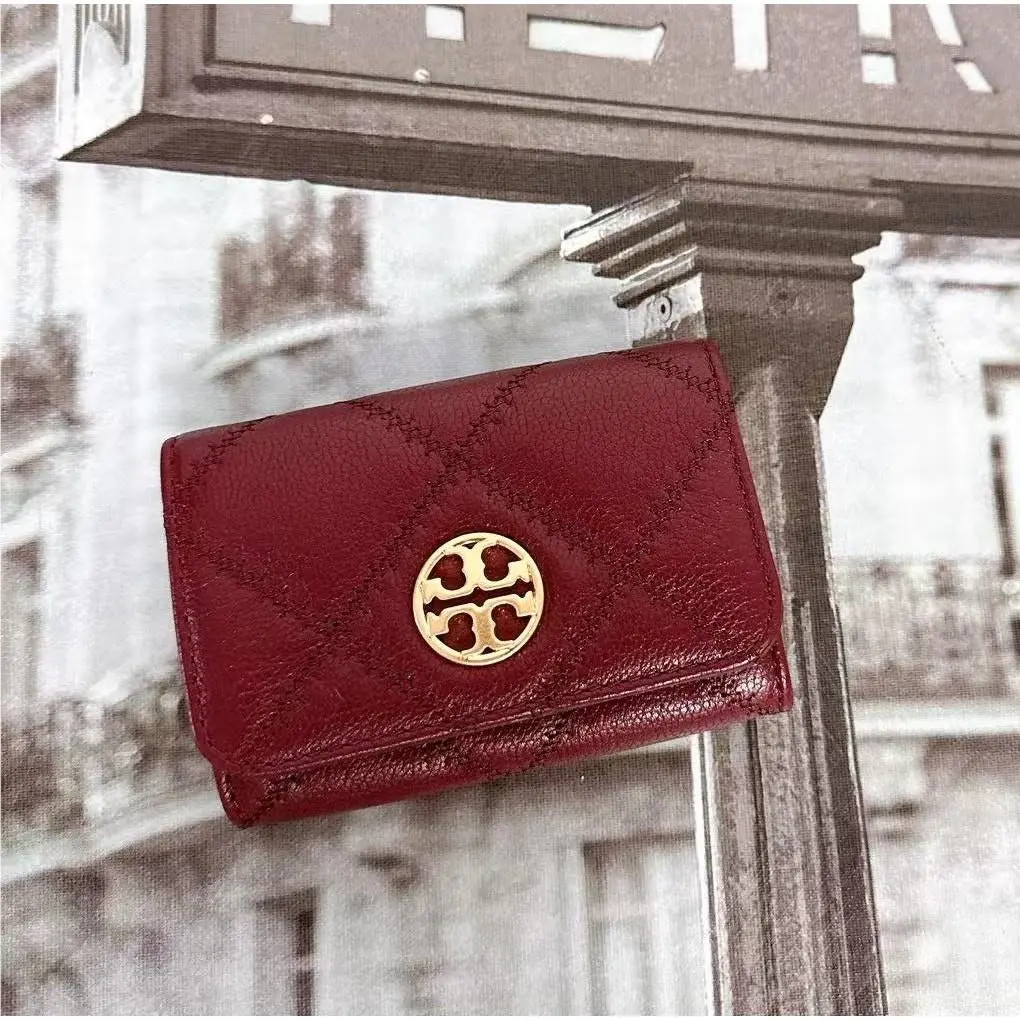 Tory Burch 83693 Willa Quilted Leather Bifold Card Case Wallet Claret Red