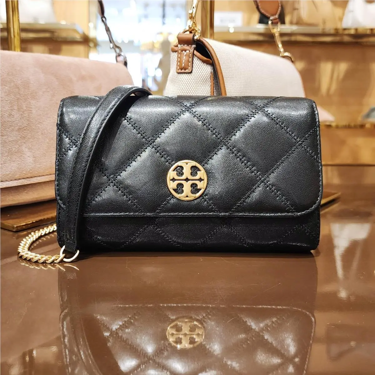 Tory Burch Willa Black Leather Chain Wallet Crossbody Shoulder Bag 164055