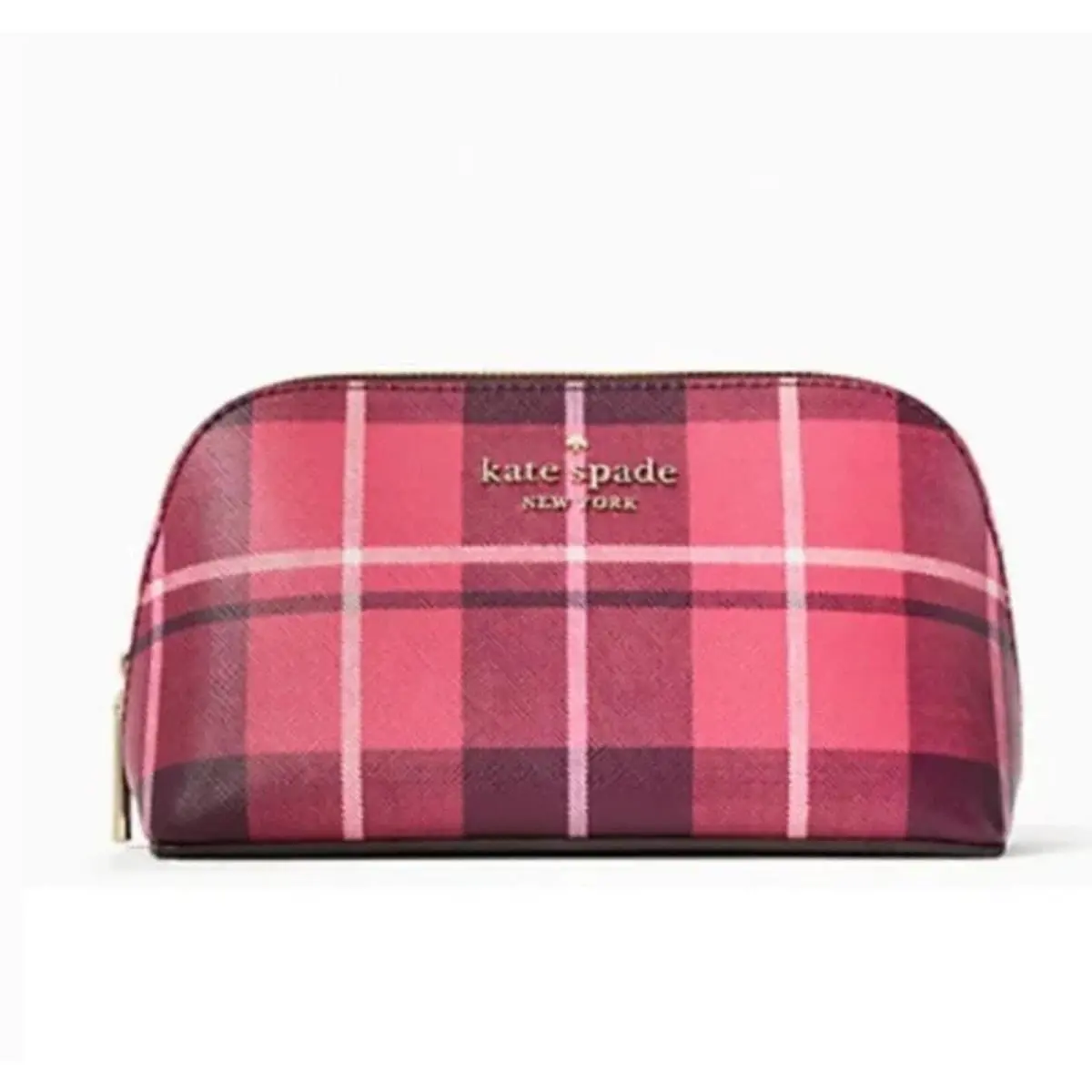 Kate Spade Plaid Cosmetic Case Staci IN Bright Rose Red and Black