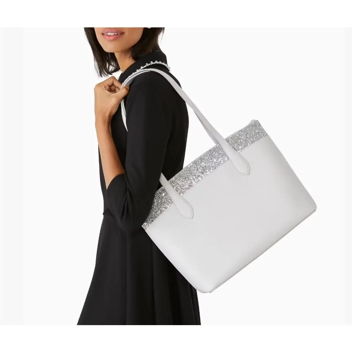 Kate Spade Gray Grey Leather Flash Glitter Large Tote Bag Handbag Purse