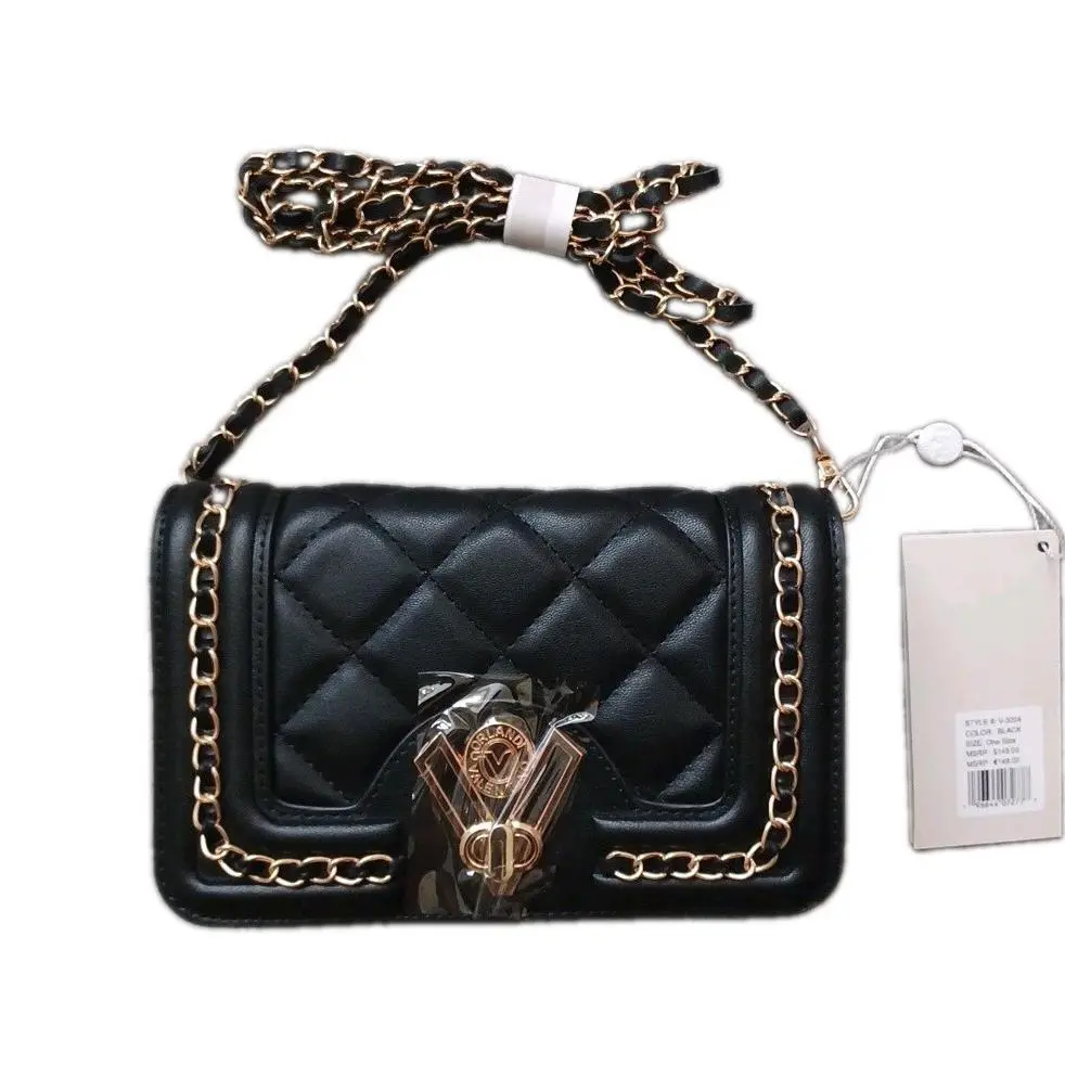 Valentino Orlandi Quilted Crossbody Shoulder Bag Black Gold Chain Strap
