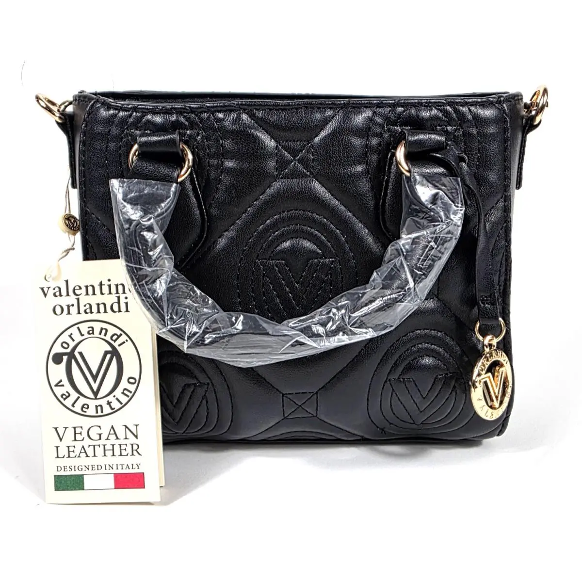 Valentino Orlandi Small Black Quilted Crossbody Tote Bag Gold Hardware