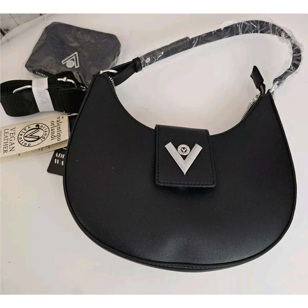 Valentino Orlandi Black Vegan Leather Crescent Moon Shoulder Bagw/ Wallet