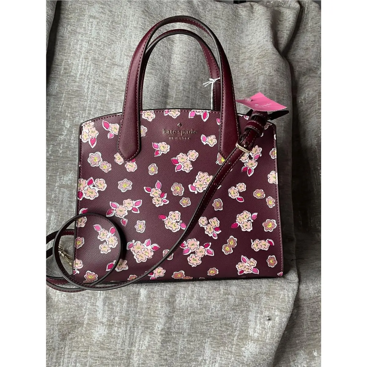 Kate Spade Satchel Womens Deep Berry Burgundy Frosted Floral Crossbody K9339