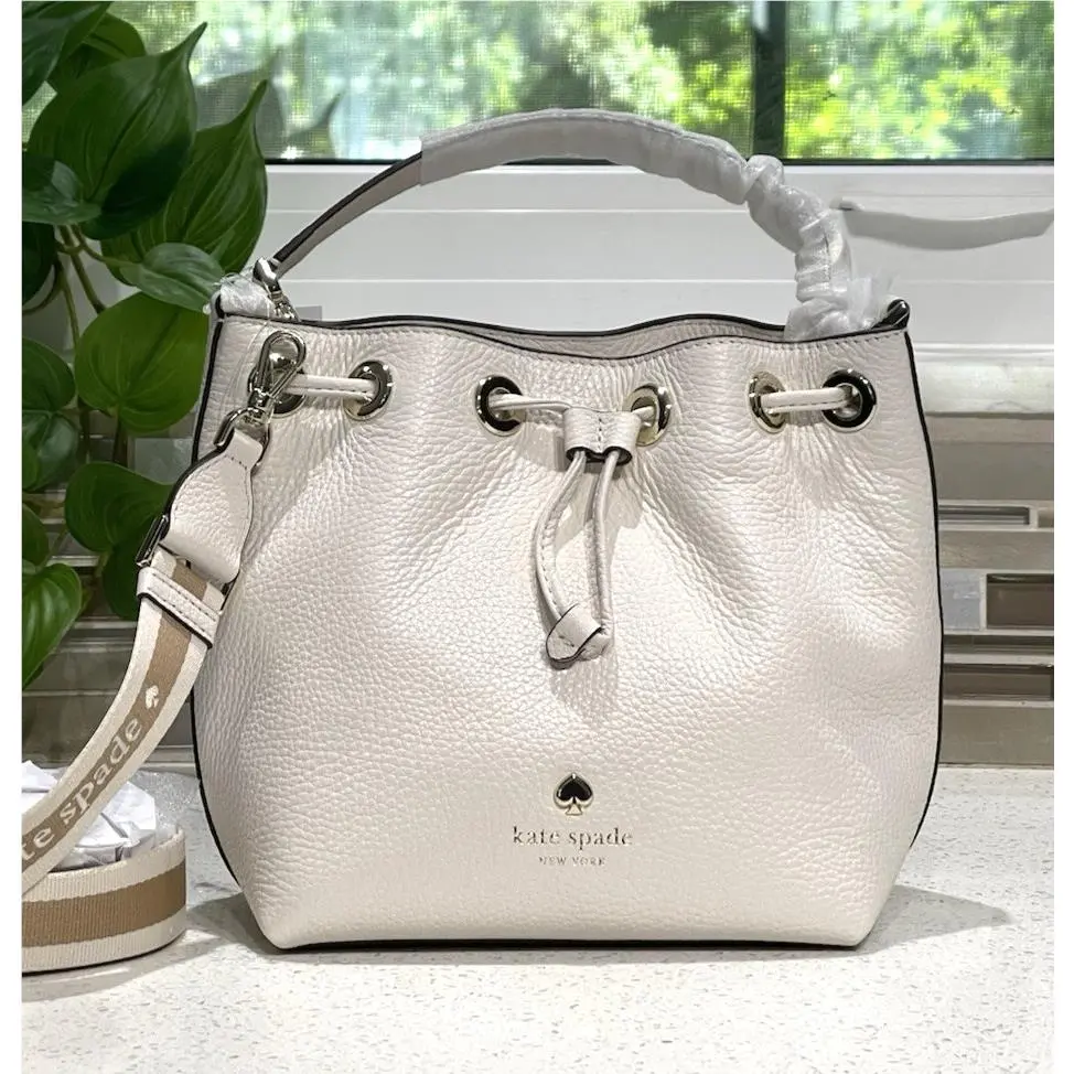 Emma Small Bucket Parchment Cream Crossbody Bag Leather Stripe Silver by Kate Spade