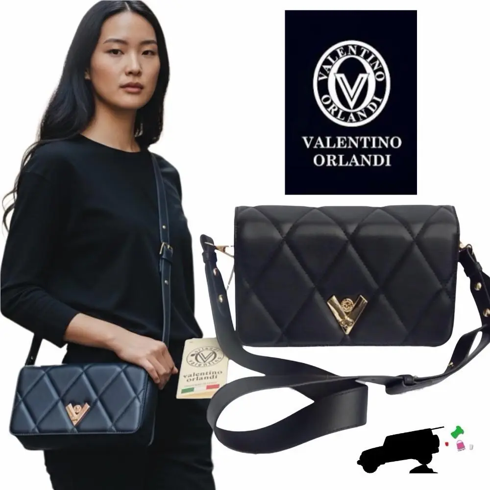 Valentino Orlandi Diamond Quilted Crossbody Bag Black Italian Vegan Leather