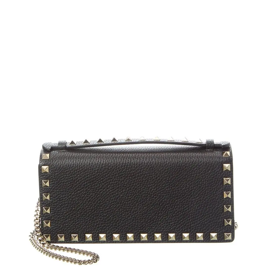Valentino Rockstud Grainy Leather Wallet On Chain Women`s Black