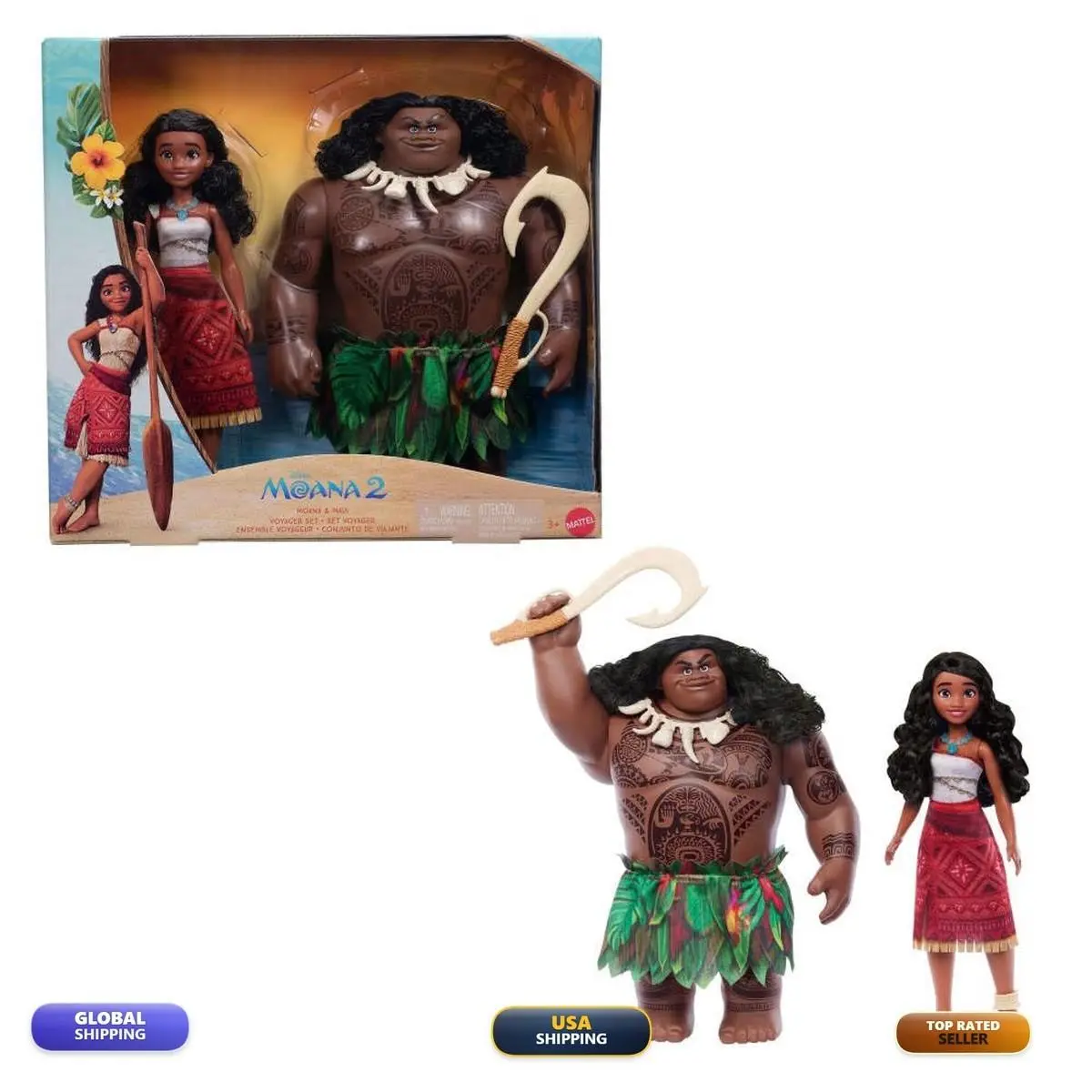 Mattel Disney Moana 2 Voyager 2 Doll Set - Moana Maui with 4 Accessories
