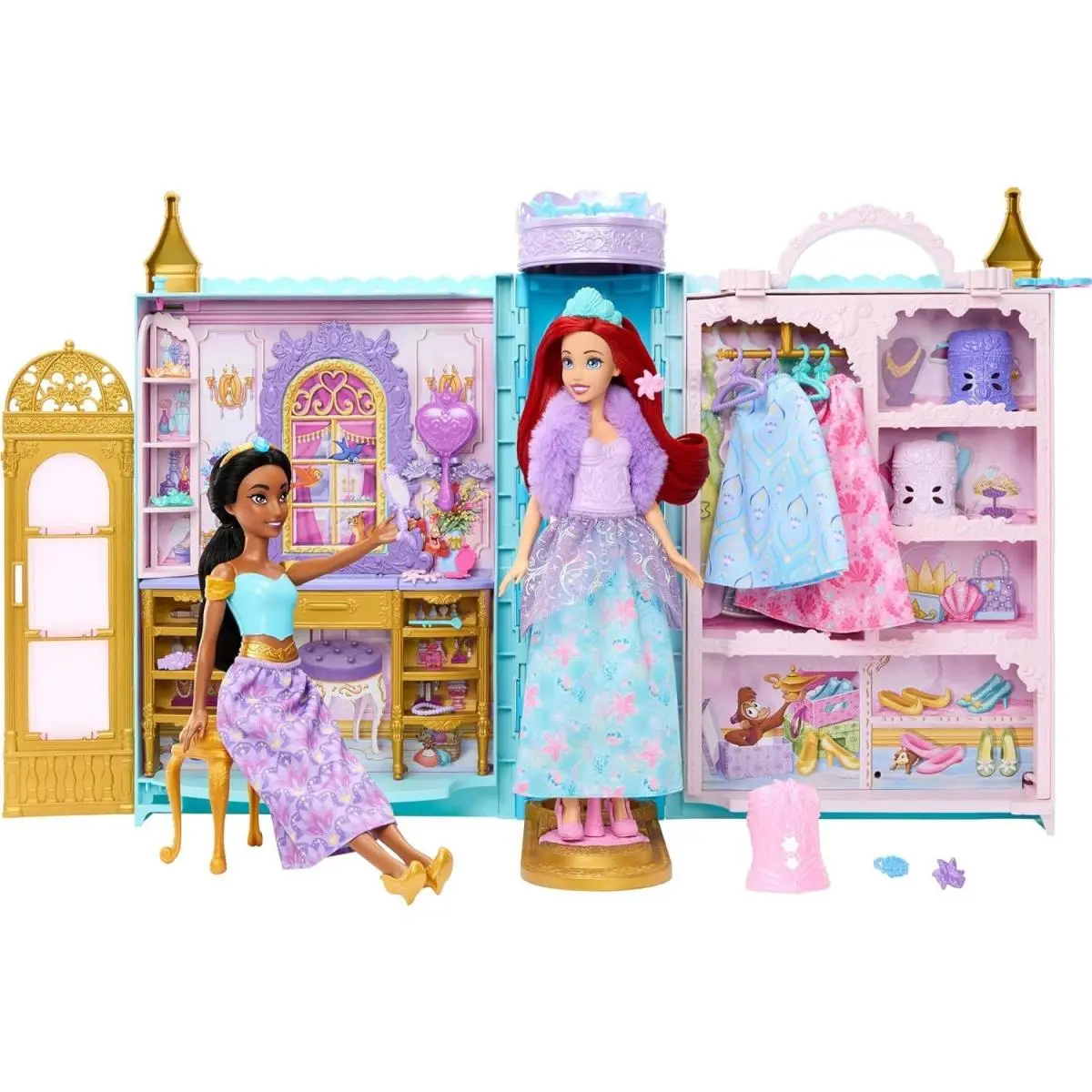 Mattel Disney Princess Closet Ariel Jasmine Dolls 30 Accessories Ball Party Set