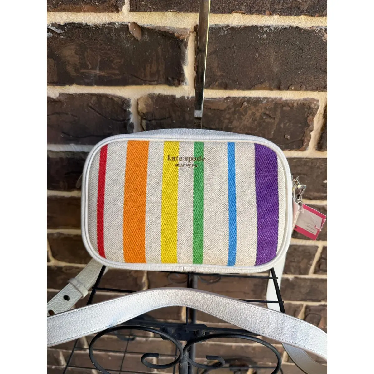 Kate Spade Astrid Medium Camera Crossbody Striped Yellow Purple Green Red