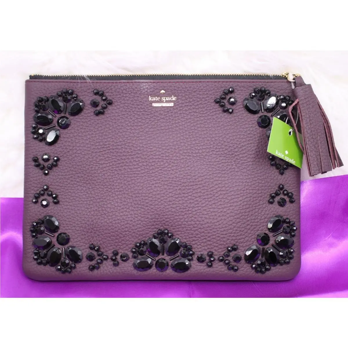 Kate Spade Anderson Way Gia Wristlet Deep Plum Jeweled Leather Clutch