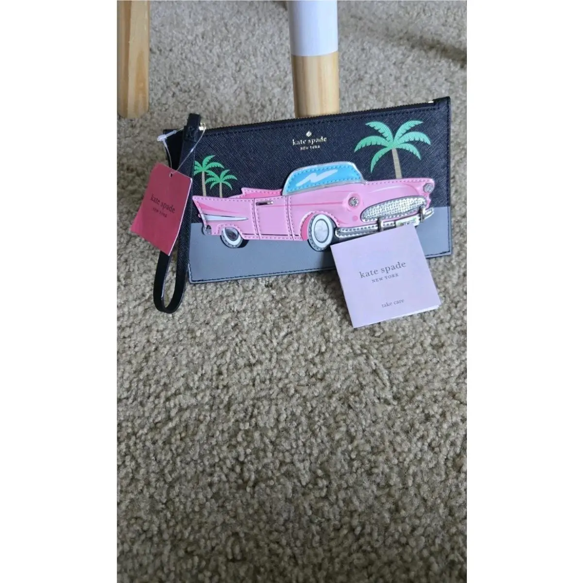 New Kate Spade Wallet Wristlet Checking In Pink Cadillac Car Ariah Palm Tree