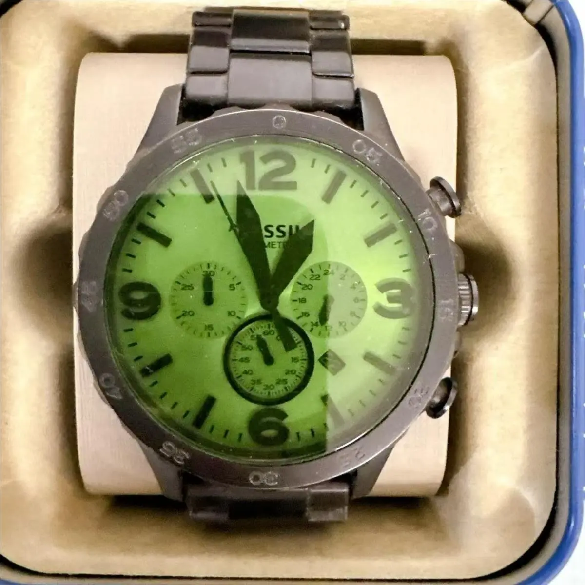 Fossil JR1519 Nate Oversized Men`s Chronograph Black Green Leather Watch