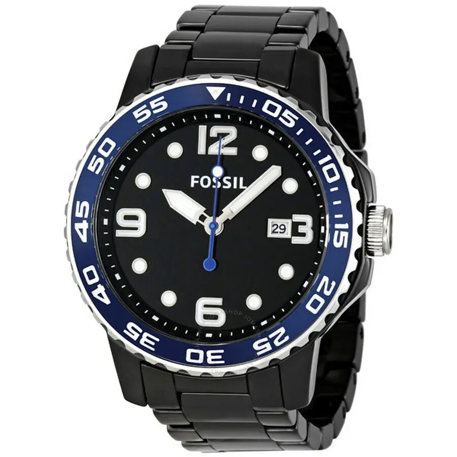 Fossil Black Ceramic Bracelet Blue Bezel Date 10 Atm Oversize Watch CE5010