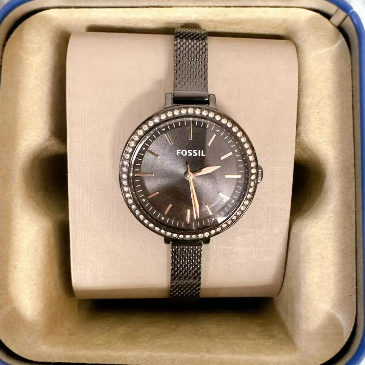 Fossil BQ3459 Three-hand Gunmetal Stainless Steel Mesh Women`s Watch