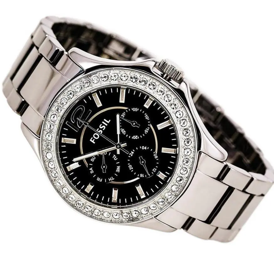Fossil Riley Chrome Silver Ceramic Black Chrono Dial Crystals Bezel Watch CE1067