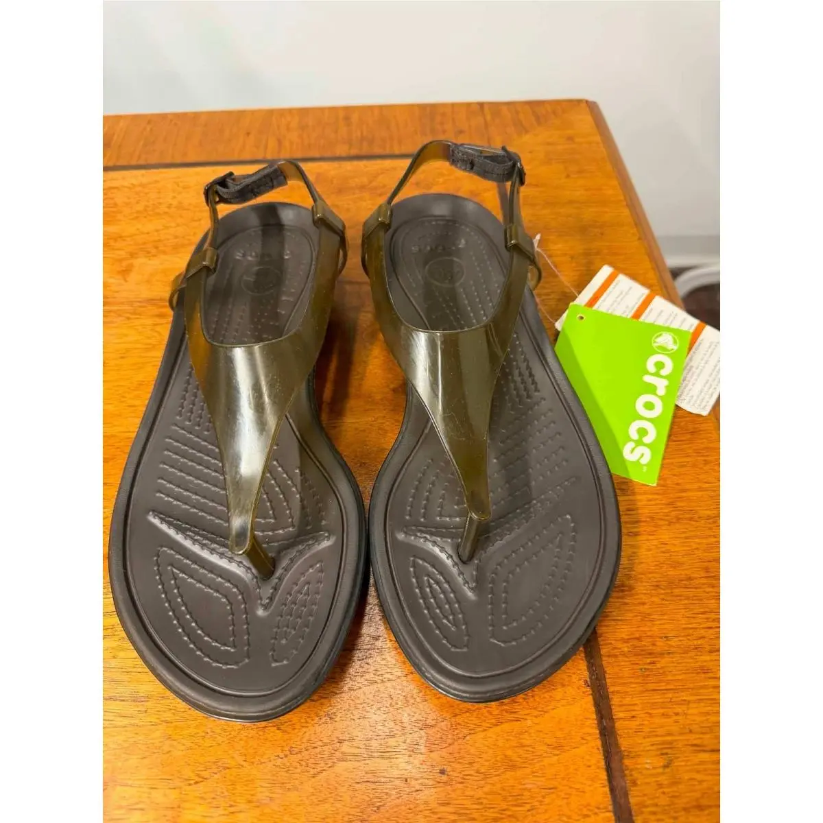 Crocs Womens 8 Really Sexi Mini Wedge Sandals Espresso Bronze T-strap 14936
