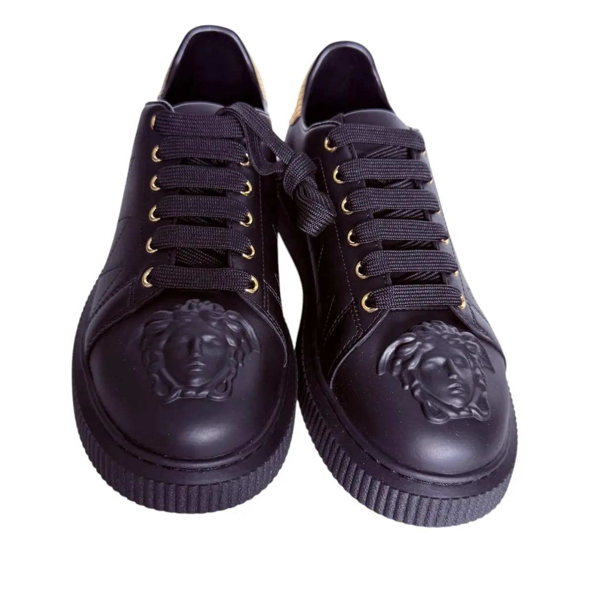 Womens 1008961 Medusa Black Leather Sneakers W Gold Fabric Heel Sz 36 by Versace