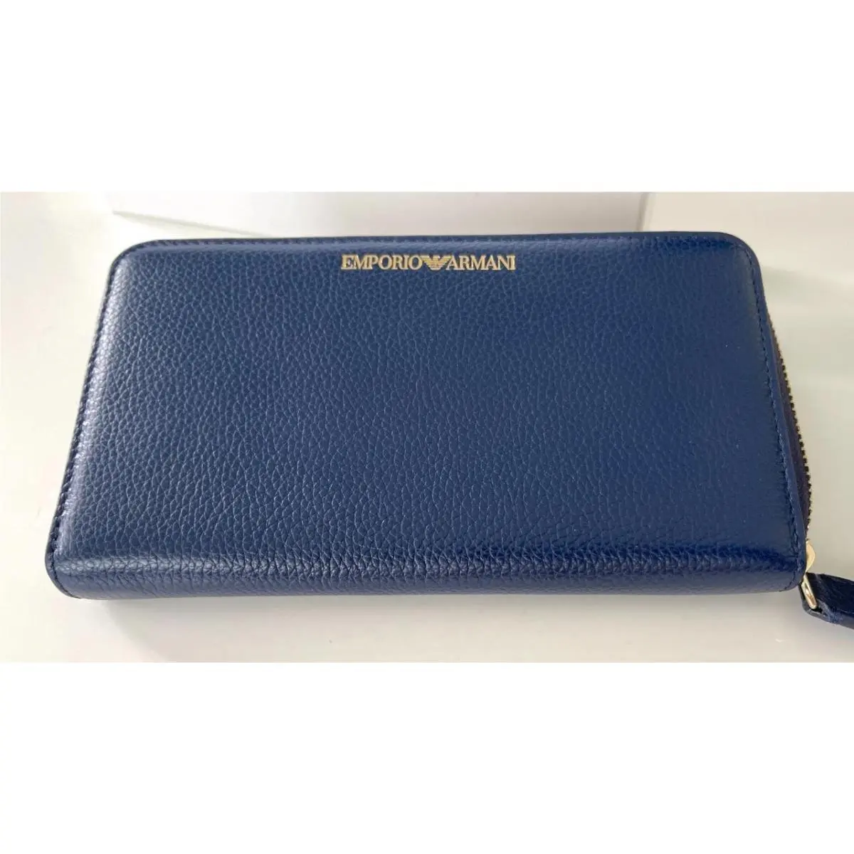 Emporio Armani Blue Leather Zip Around Wallet Unisex Cervo Pebbled Organizer