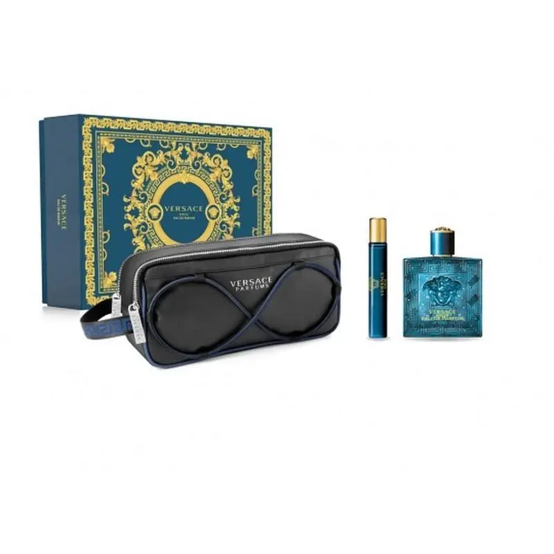 Versace Eros Men`s 3 pc Set 3.4oz Edp Spray + 0.3 oz Mini Spray + Trousse
