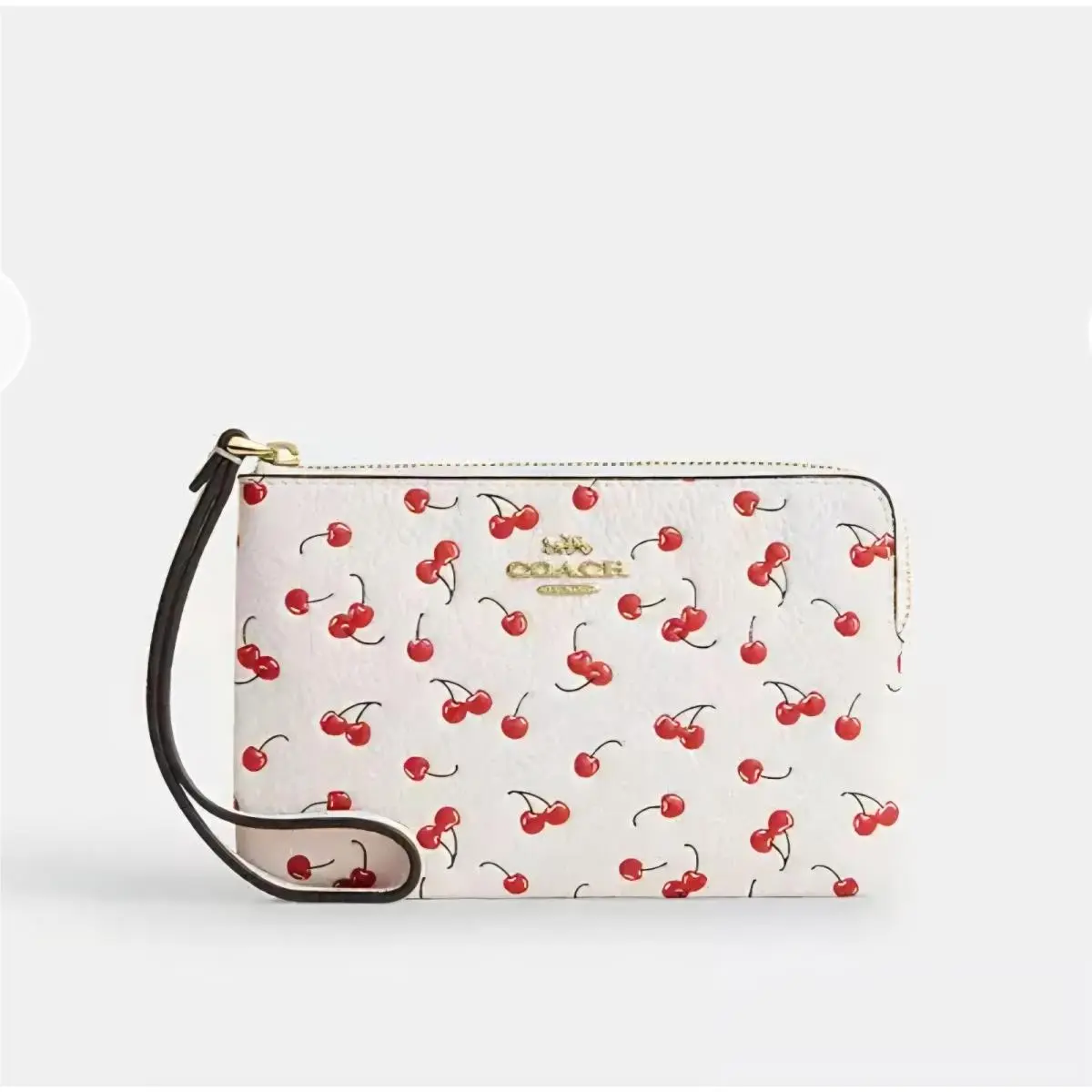 Coach Corner Zip Wristlet w/ Cherry Print Pebble Leather Chalk Multi CEX82