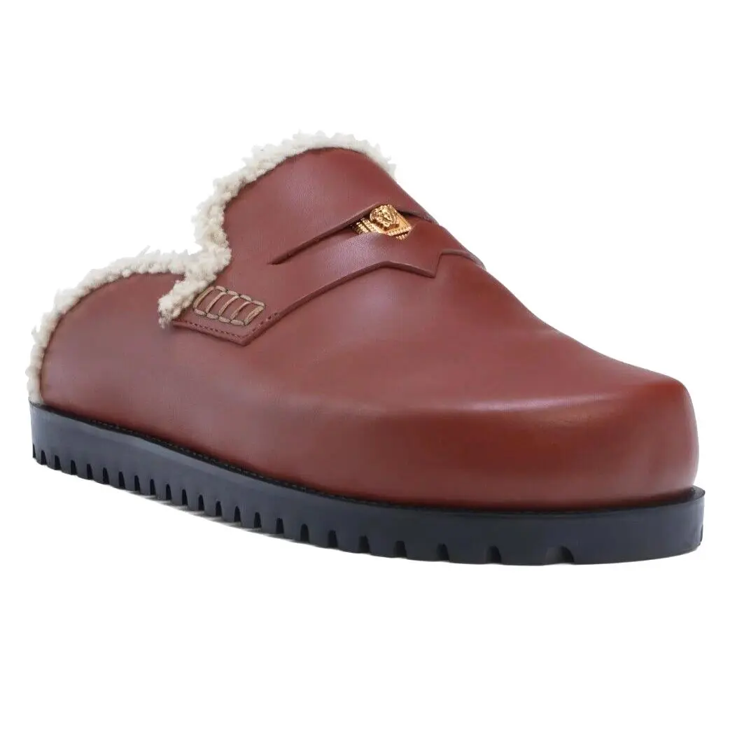 Men`s Medusa Shearling Lined Leather Mules Loafers Shoes Size 45 / US 12 by Versace