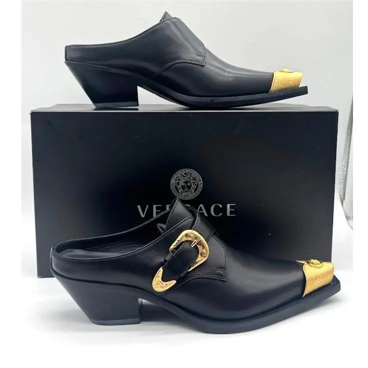 Versace Sabot Leather Western Mule Medusa Gold Toe Black EU 39.5 US 9