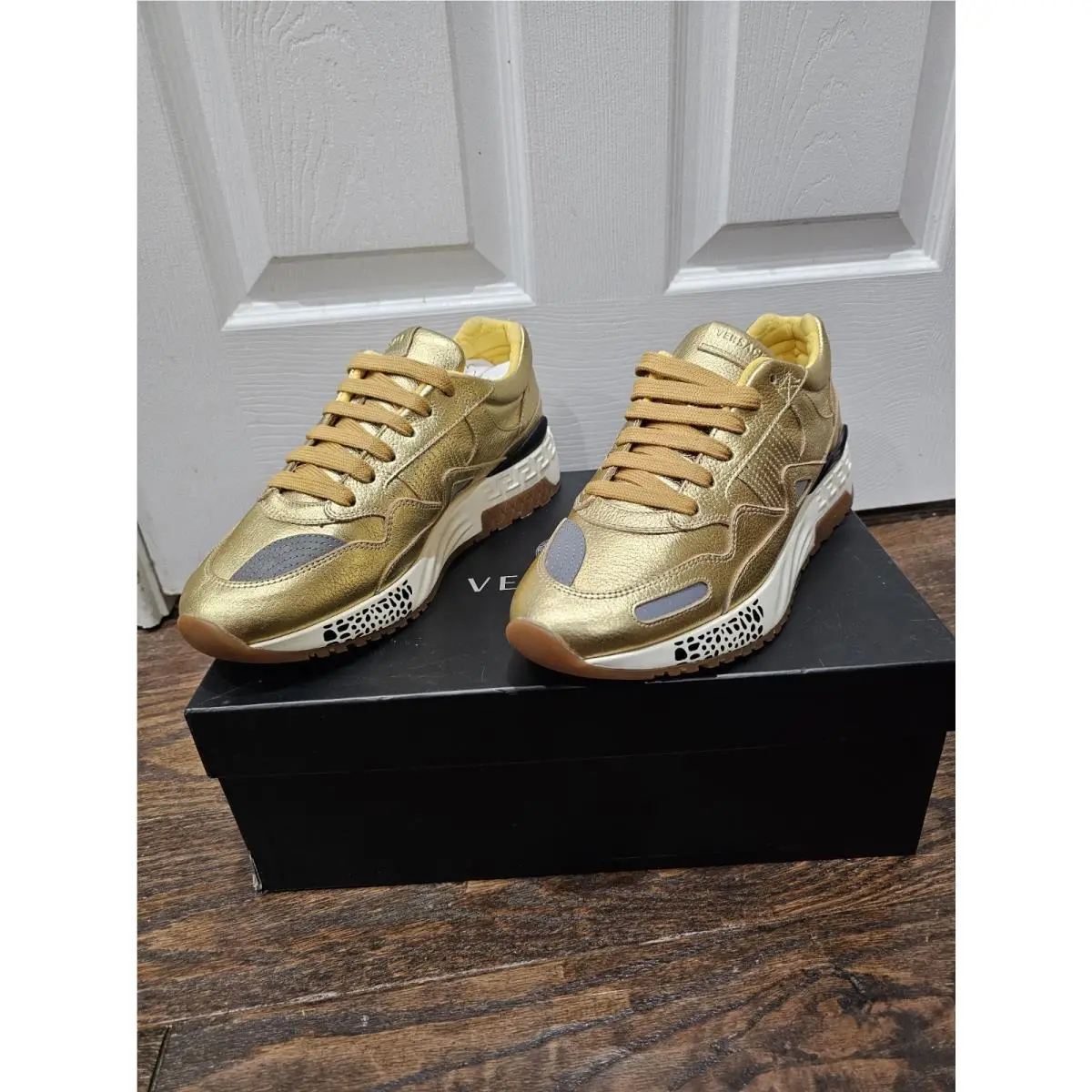 Versace Mitello Men’s Gold Leather Low Top Lace-up Sneakers Rubber Outsole