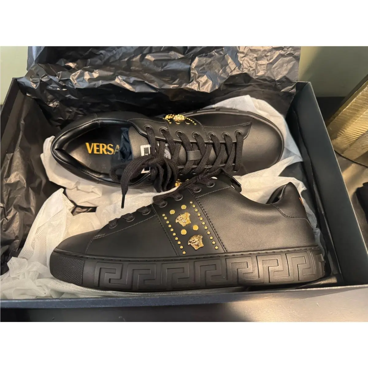 Versace Greca Embellished Black Gold Medusa Logo Low Top Round Toe Lace Up