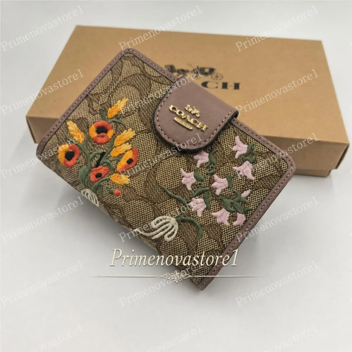 Coach Medium Corner Zip Wallet Signature Jacquard w Floral Embroidery