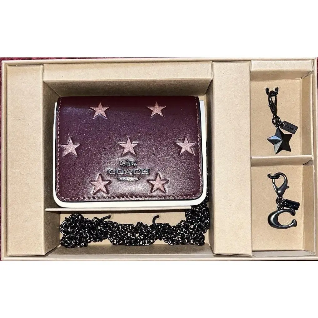 Coach Merlot Boxed Corner Zip Wristlet with Star Print Set 2 Charms