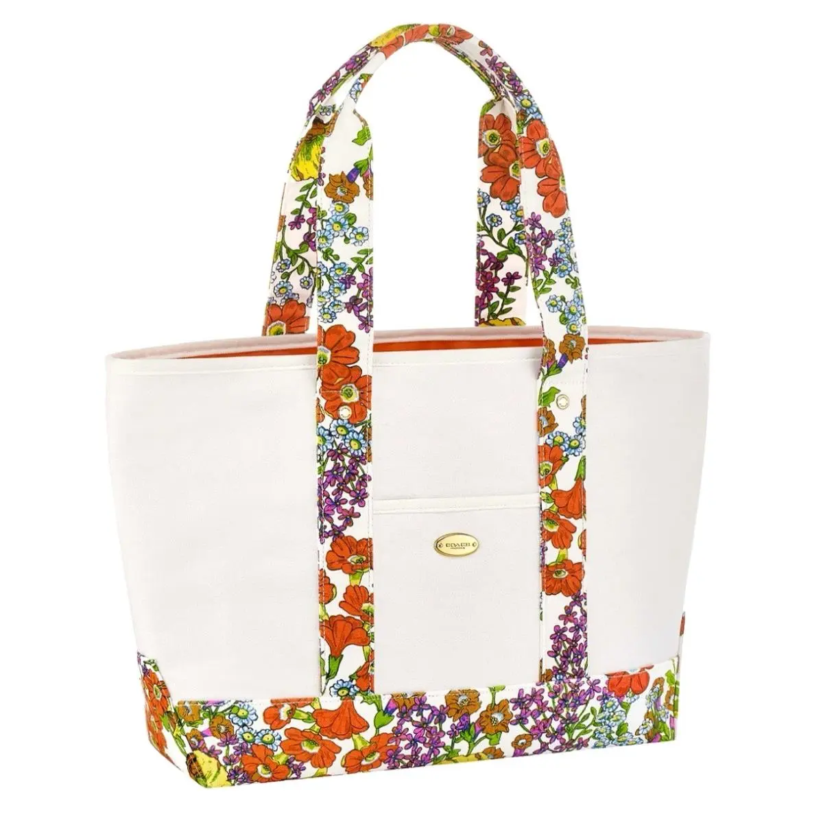 Coach Fragrance White Floral W/gold Logo Tote Weekend Shopping Bag Lined