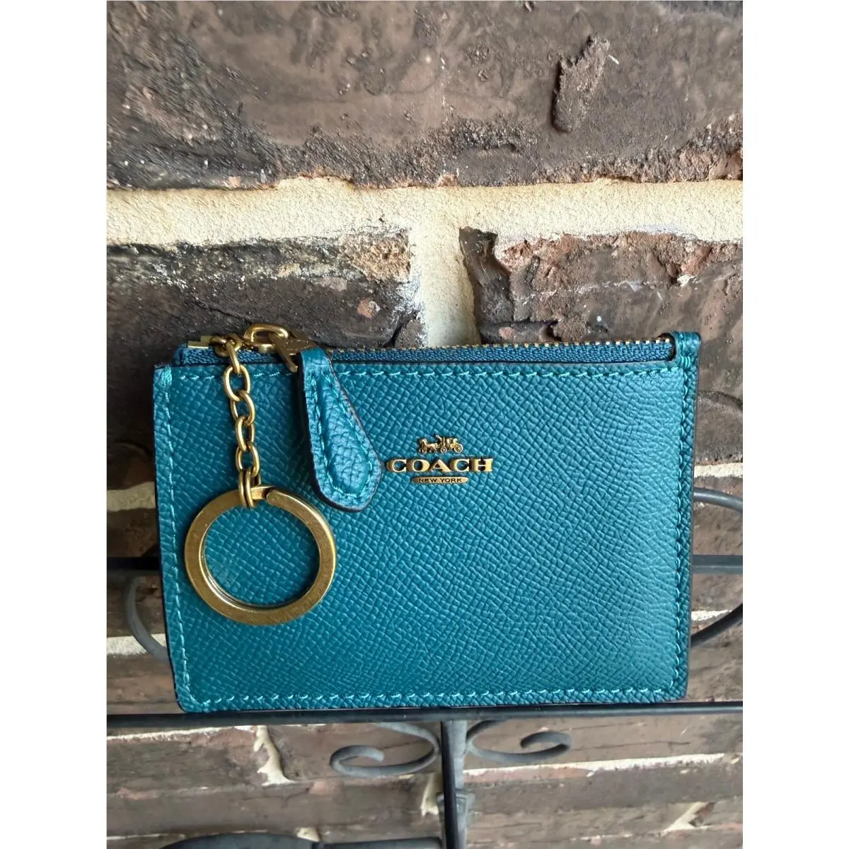 Coach Mini Skinny ID Case Key Ring Card Wallet Lthr Deep Turquoise 57841