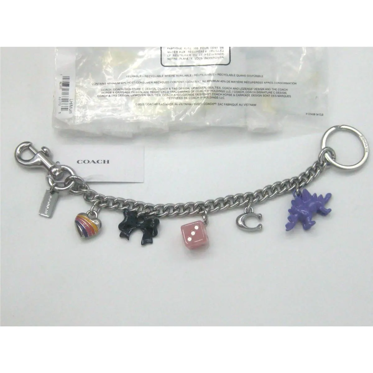 Coach Silver Tone Motif Chain Bag Charm Dice Bow Heart Dino Pkg