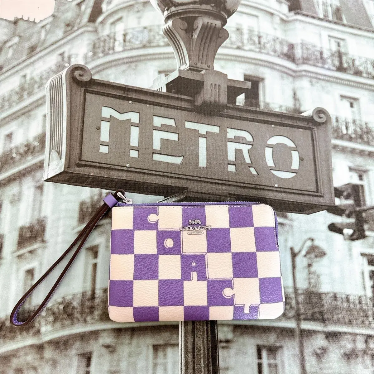 Coach CR813 Corner Zip Wristlet with Checkerboard Print IN Light Violet Chalk