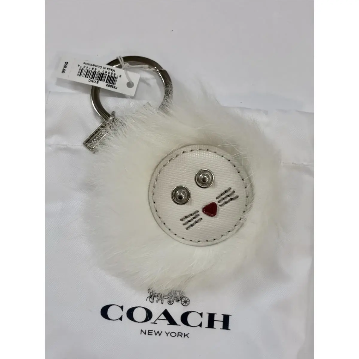 Coach White Fluffy Fur Lion Keyring / Bag Charm + Dust Bag F62983