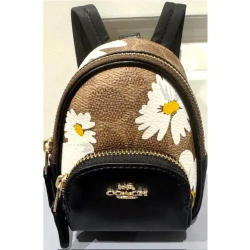 Coach Mini Court Backpack Charm Key Fob Signature Floral Daisy Khaki CZ602