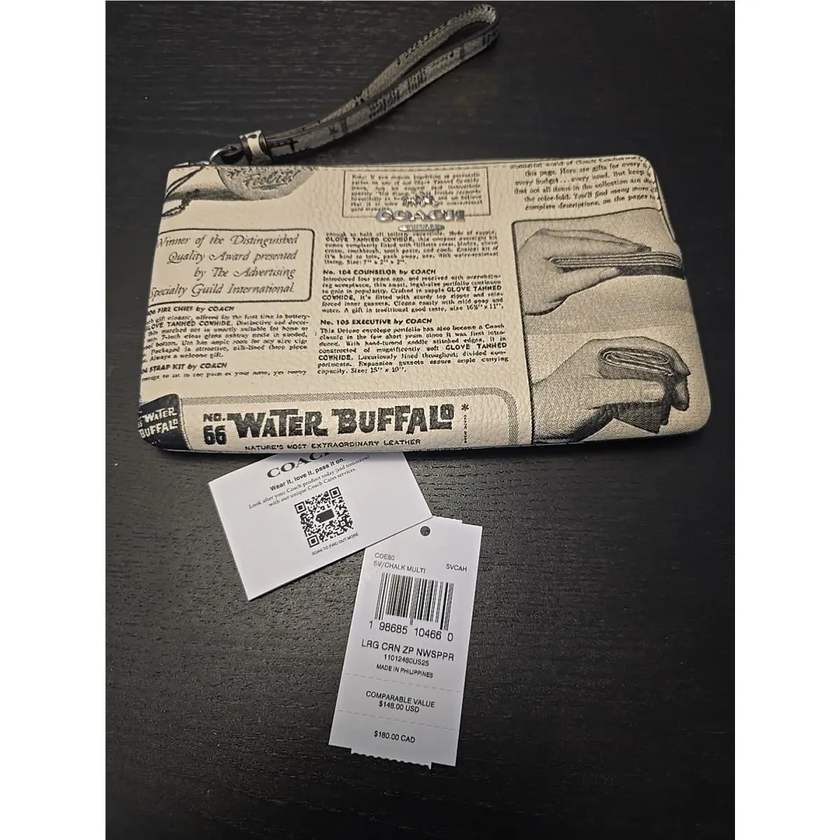 Coach Large Corner Zip Wristlet with Newspaper Print CDE80 Silver/chalk Multi