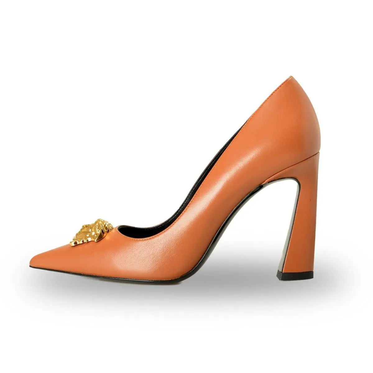 Women`s Gold Medusa Brown Leather Heeled Pumps Shoes US 6 IT 36 by Versace