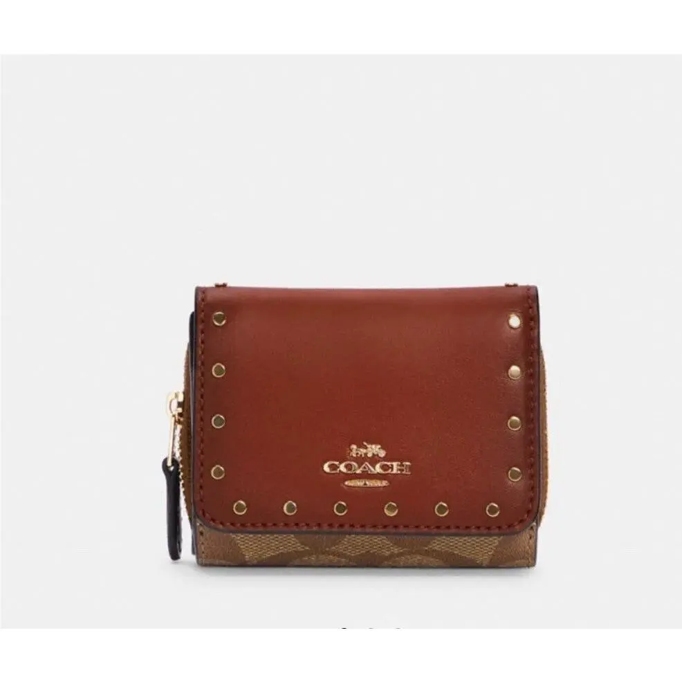 Coach Small Trifold Riley Riveted Wallet Signature Canvas Logo Brown Zip
