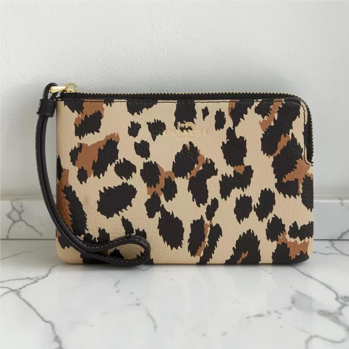 Coach Corner Zip Leather Wristlet with Leopard Print CCJ74