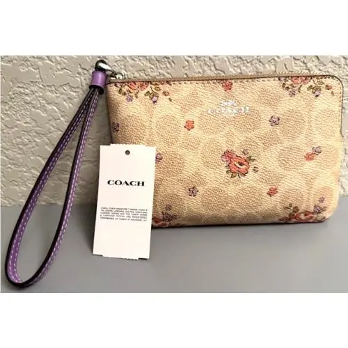 Coach Corner Zip Large Wristlet with Floral Print CAQ59 Sand Purple Red