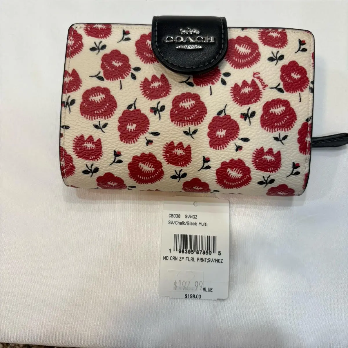 Coach Bifold Wallet CBO38 Medium Corner Zip Floral Print Chalk Red/ivory/blk