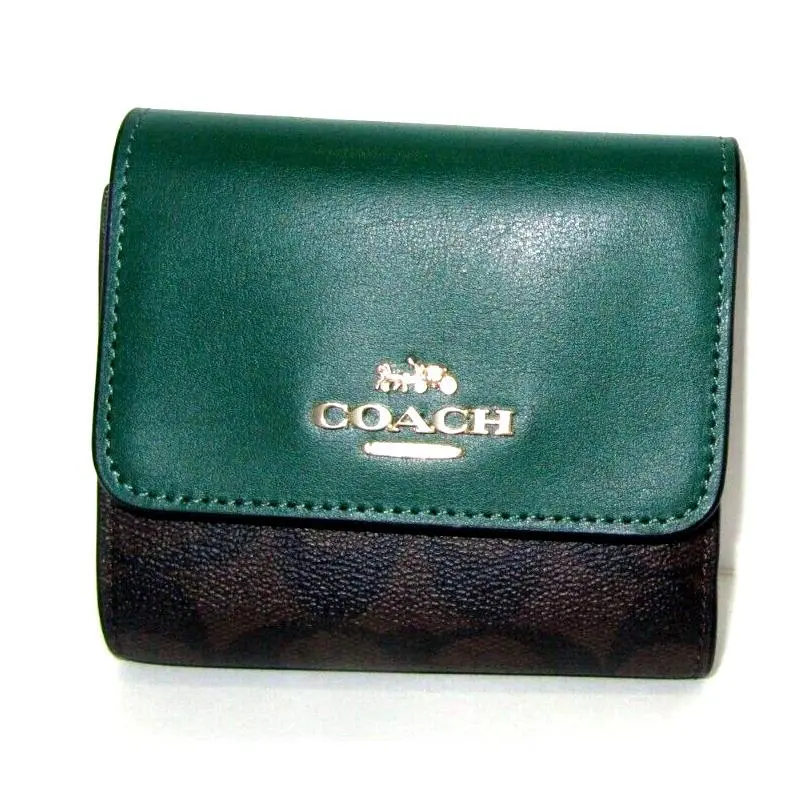 Coach CE930 Small Trifold Wallet Brown Signature Pine Green Leather