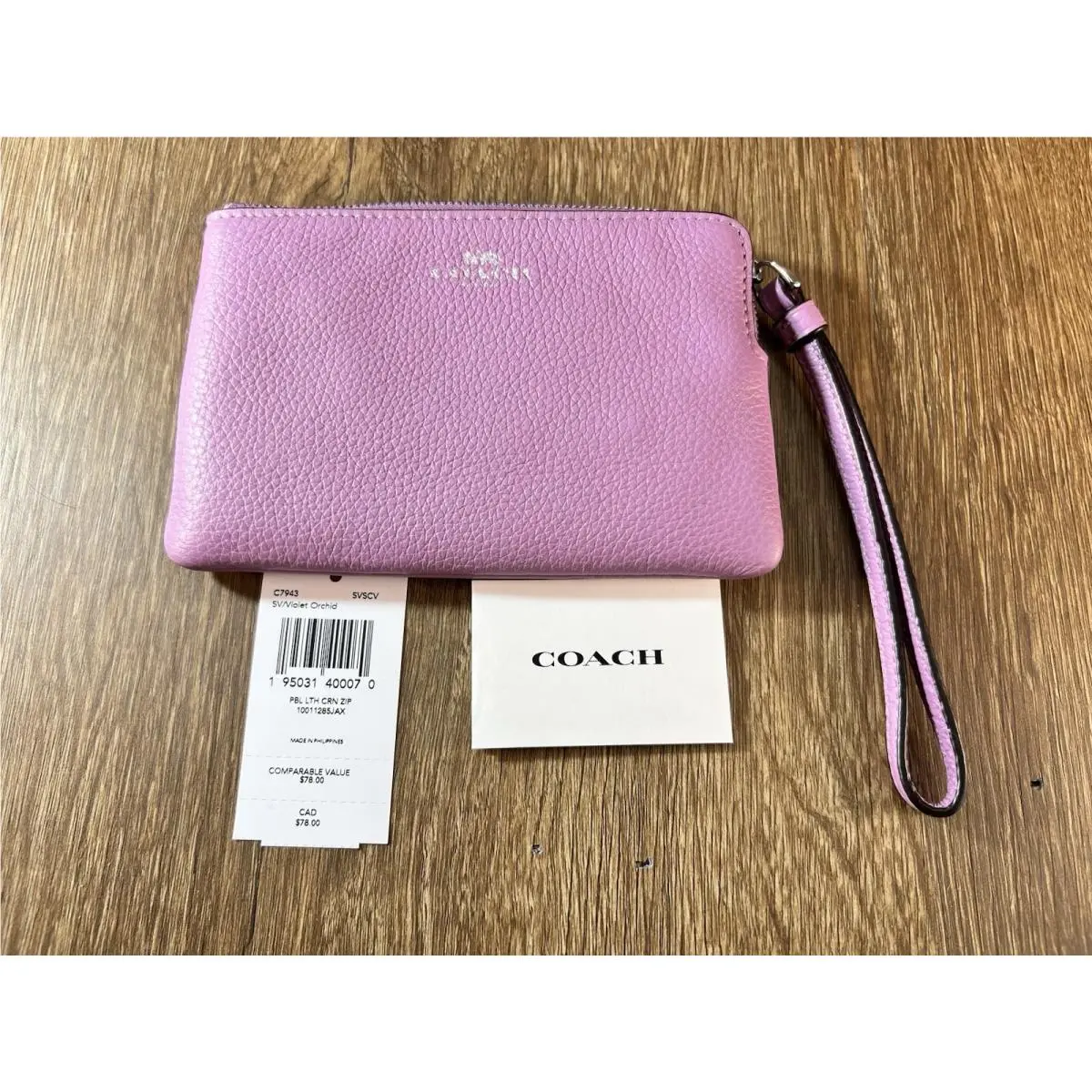Coach Small Wristlet Violet Orchid Purple Pebbled Leather Corner Zip C7943