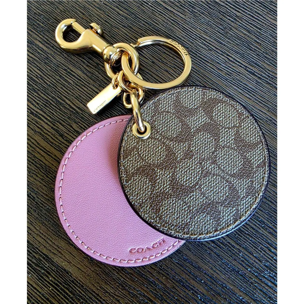 Coach Bag Purse Keychain Compact Mirror Canvas Khaki Pink Charm Round Logo