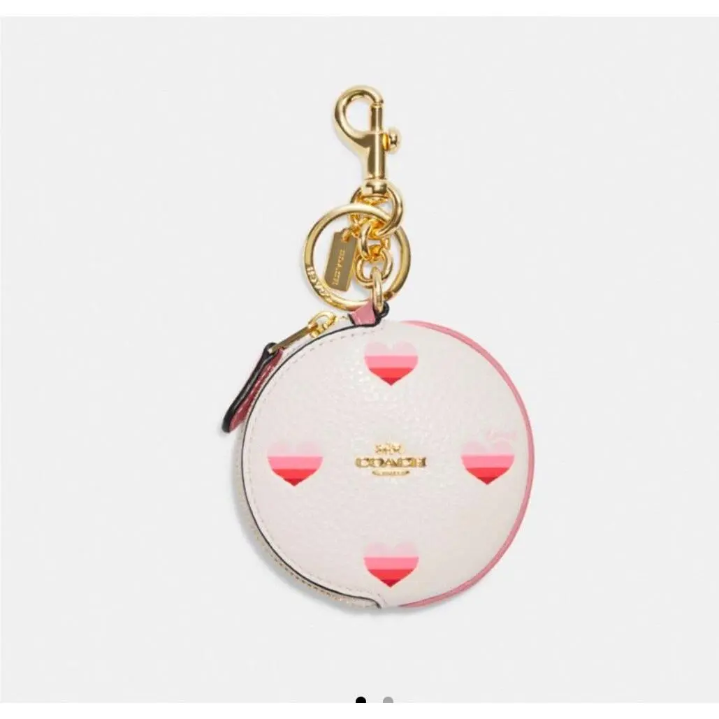Coach Circular Coin Pouch Bag Charm Striped Hearts Print Chalk Pink Leather
