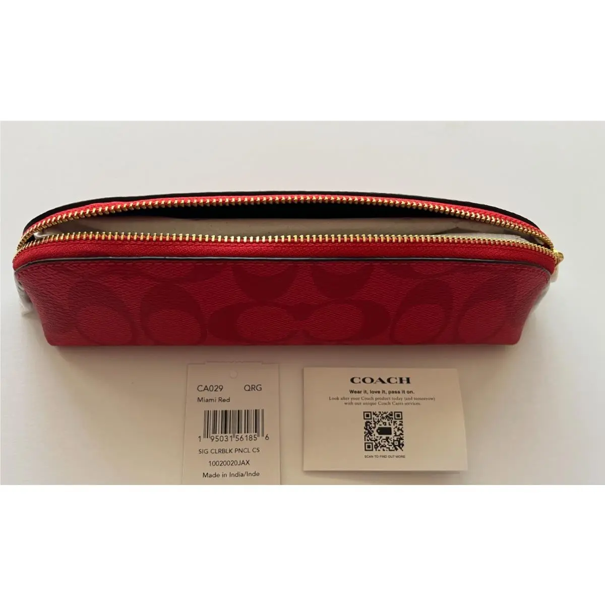 Coach Signature Canvas Colorblock Pencil Cosmetic Organizer Case Miami Red