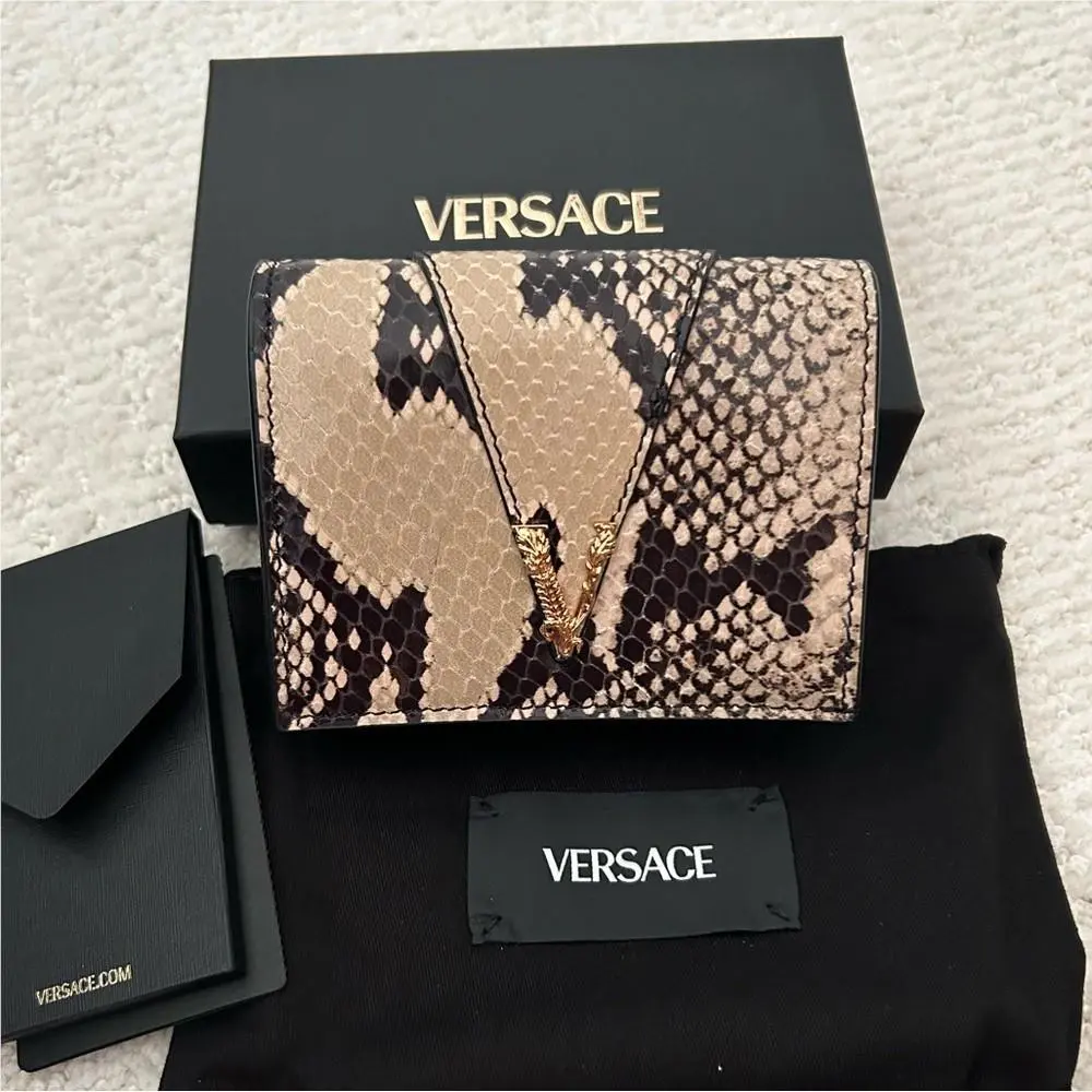 Versace V Virtus Snakeskin Embossed Calf Leather Compact Wallet