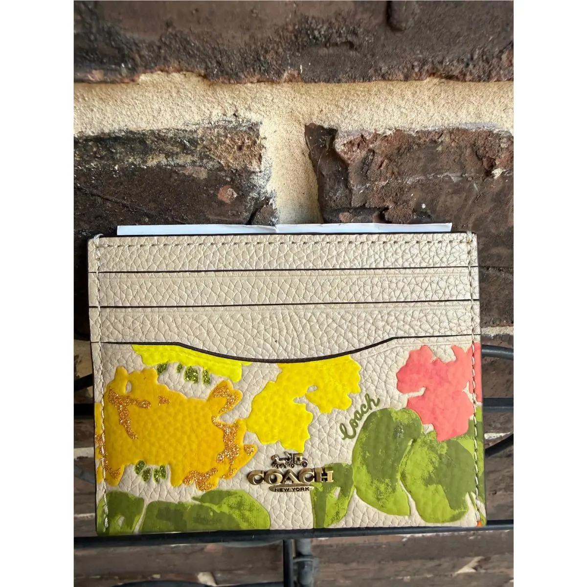Coach Leather Credit Card Case Wallet Floral Print Ivory Multi Green Yellow